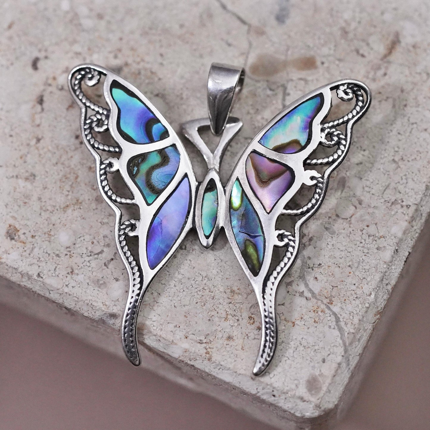 Vintage Sterling 925 silver handmade butterfly pendant with abalone
