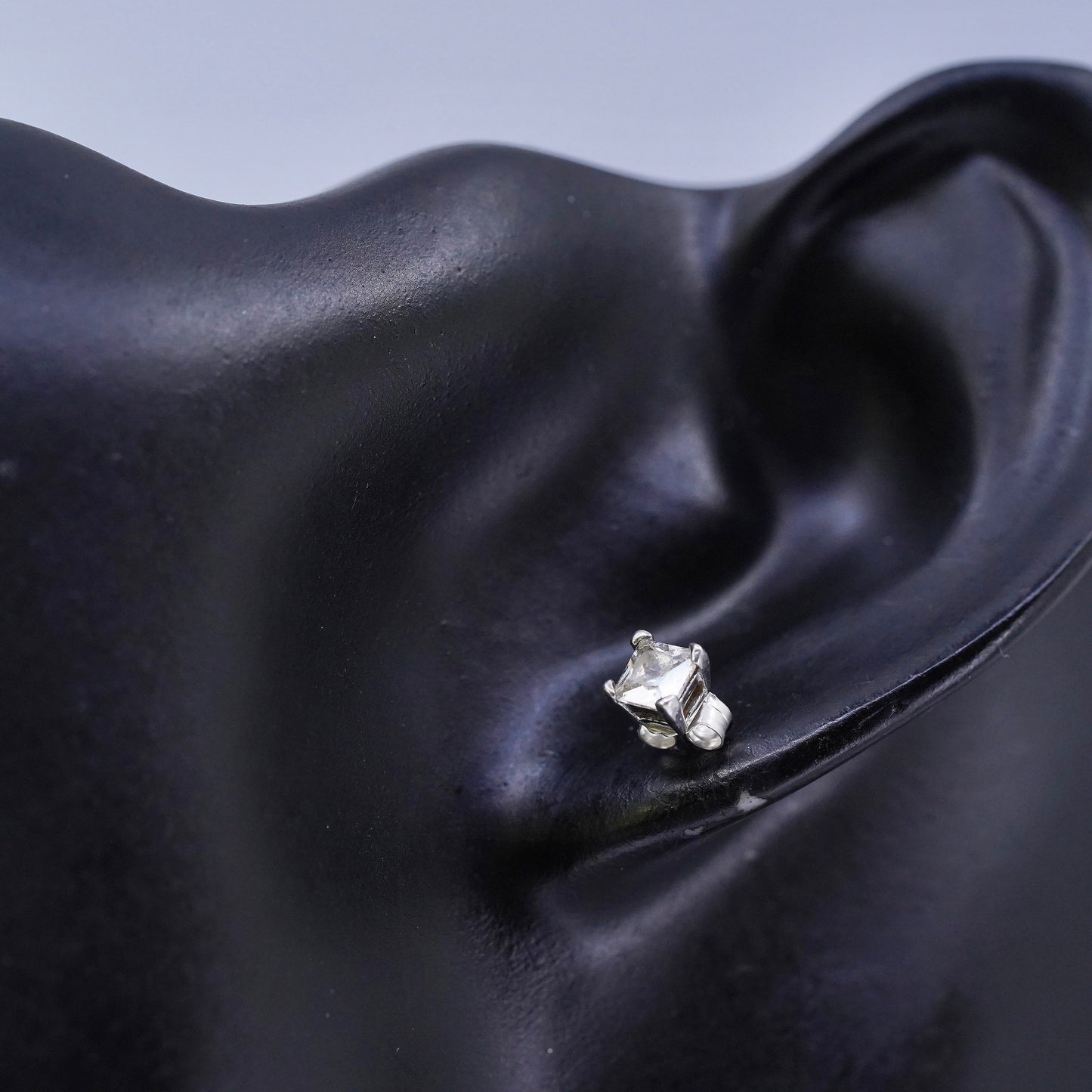 4mm, Vintage Sterling 925 silver handmade earrings, square cz studs