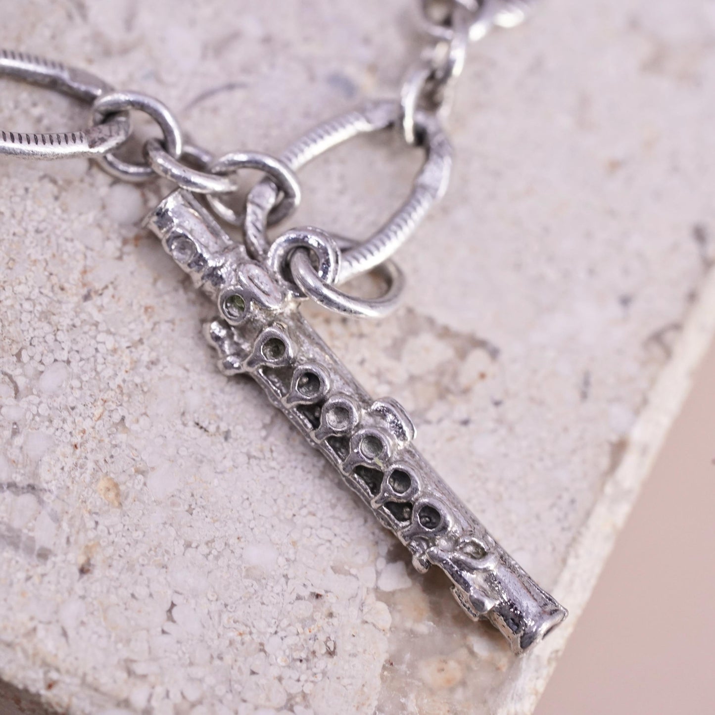 7", VTG Sterling silver handmade bracelet, 925 oval bracelet heart flute charms