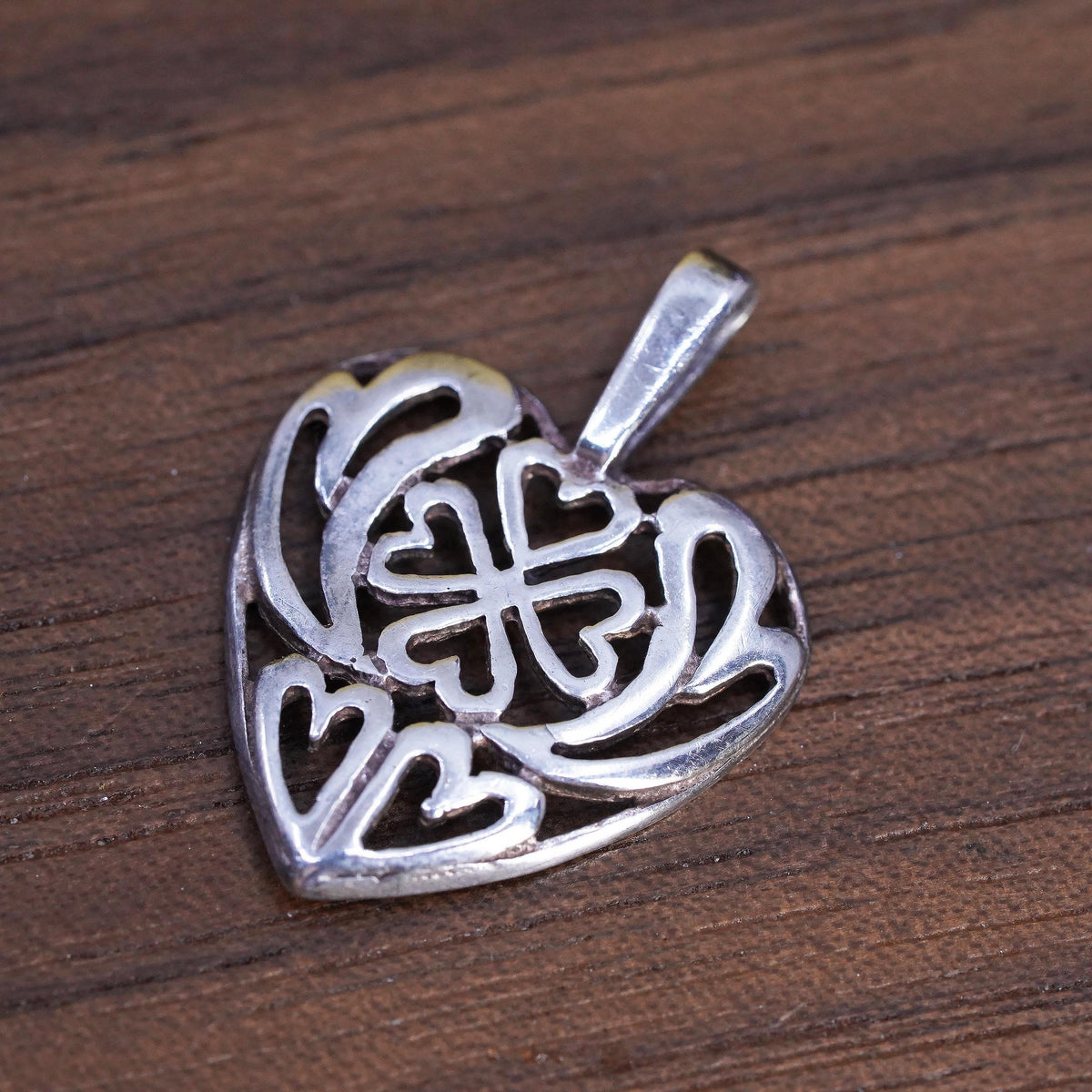 Sterling Silver 925 Four Leaf Clover Heart Pendant Charm Celtic Irish Good Luck