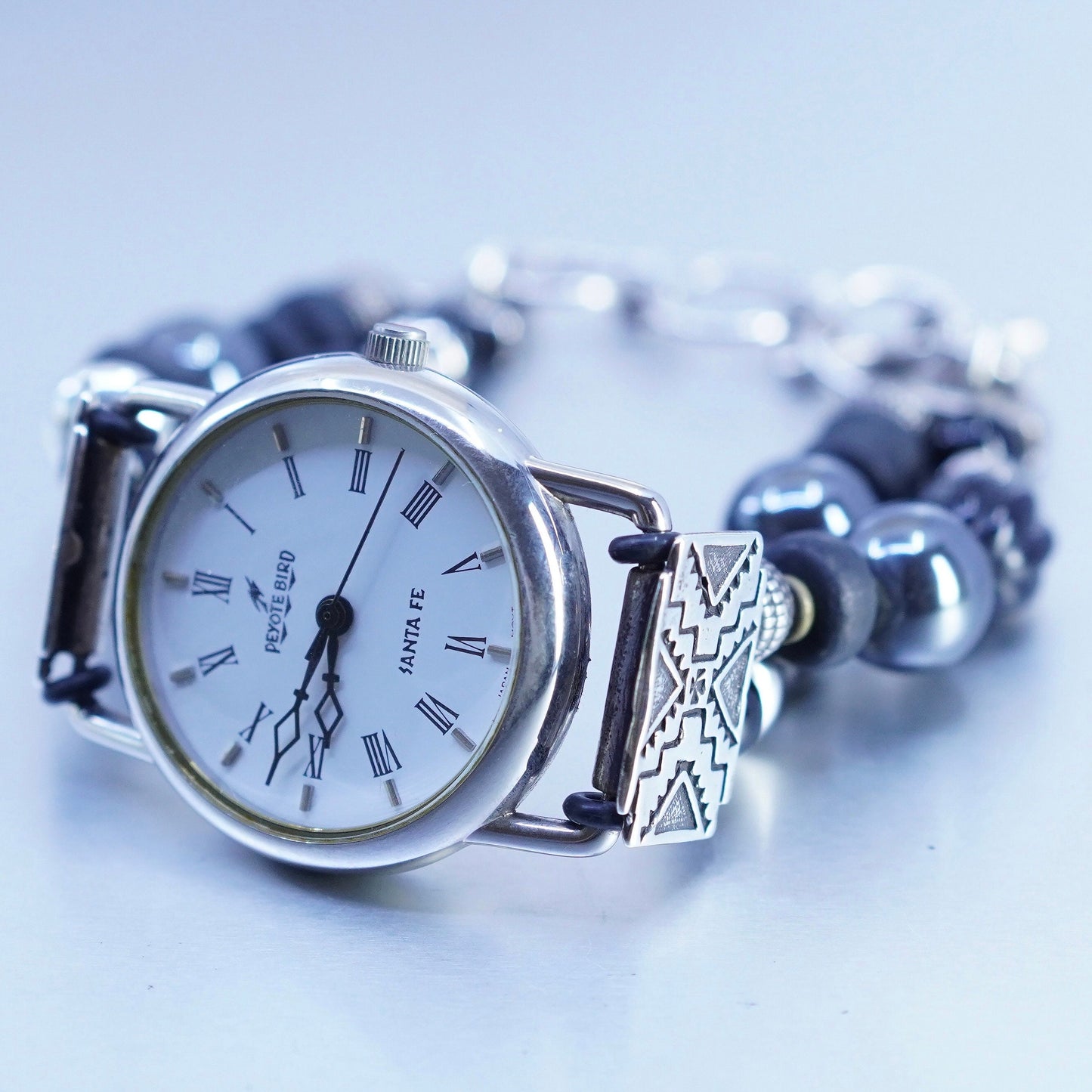6.5”, Peyote Bird Working Quartz Watch Sterling Silver 925. onyx hematite band