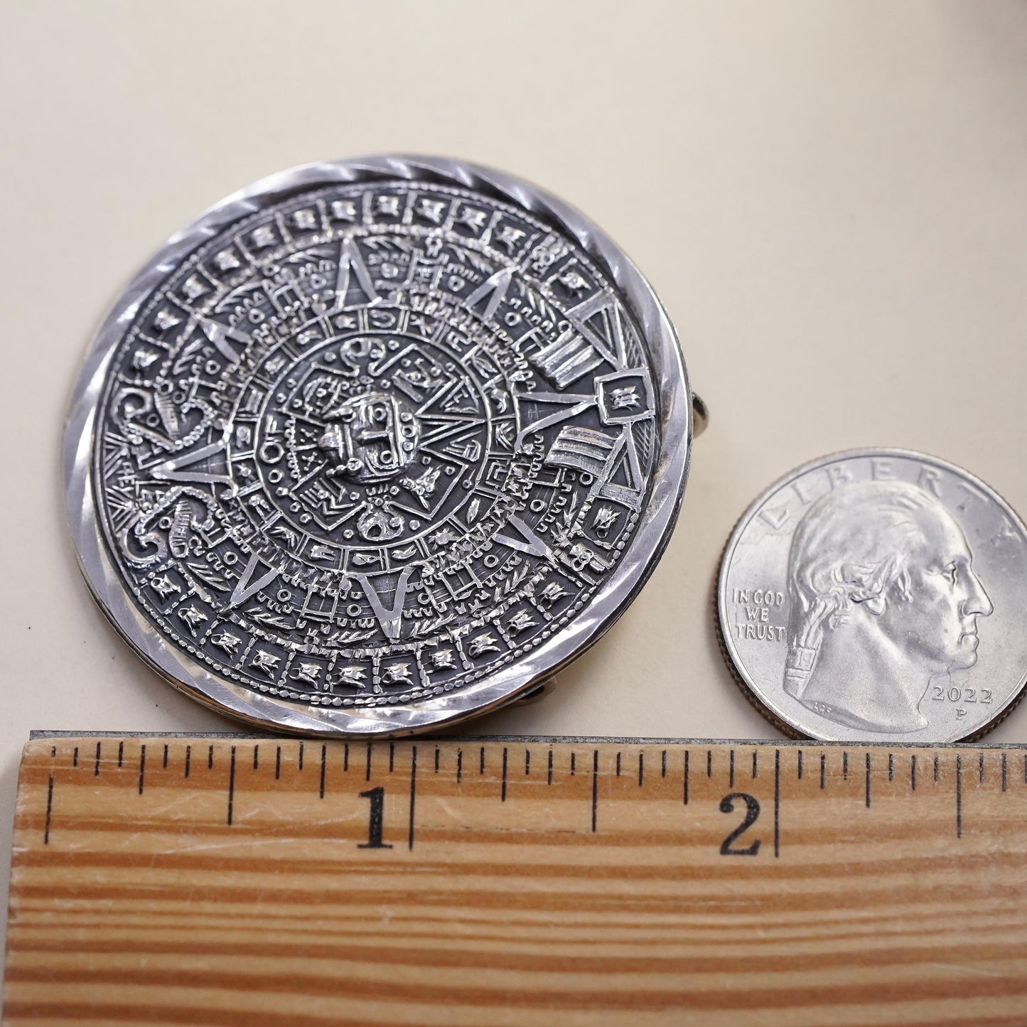 Taxco Sterling Silver Aztec Calendar Brooch Pendant Mexican Mayan Sun Stone Pin