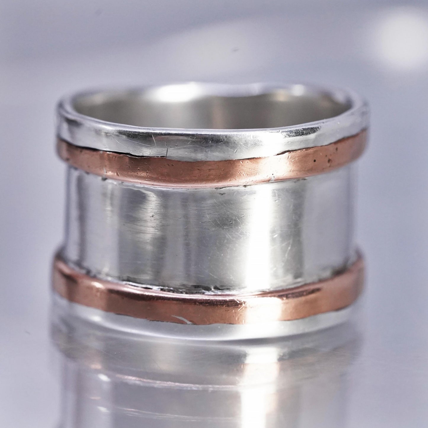 Size 10.5, southwestern Two Tone Sterling Silver Ring, 925 wide Band copper
