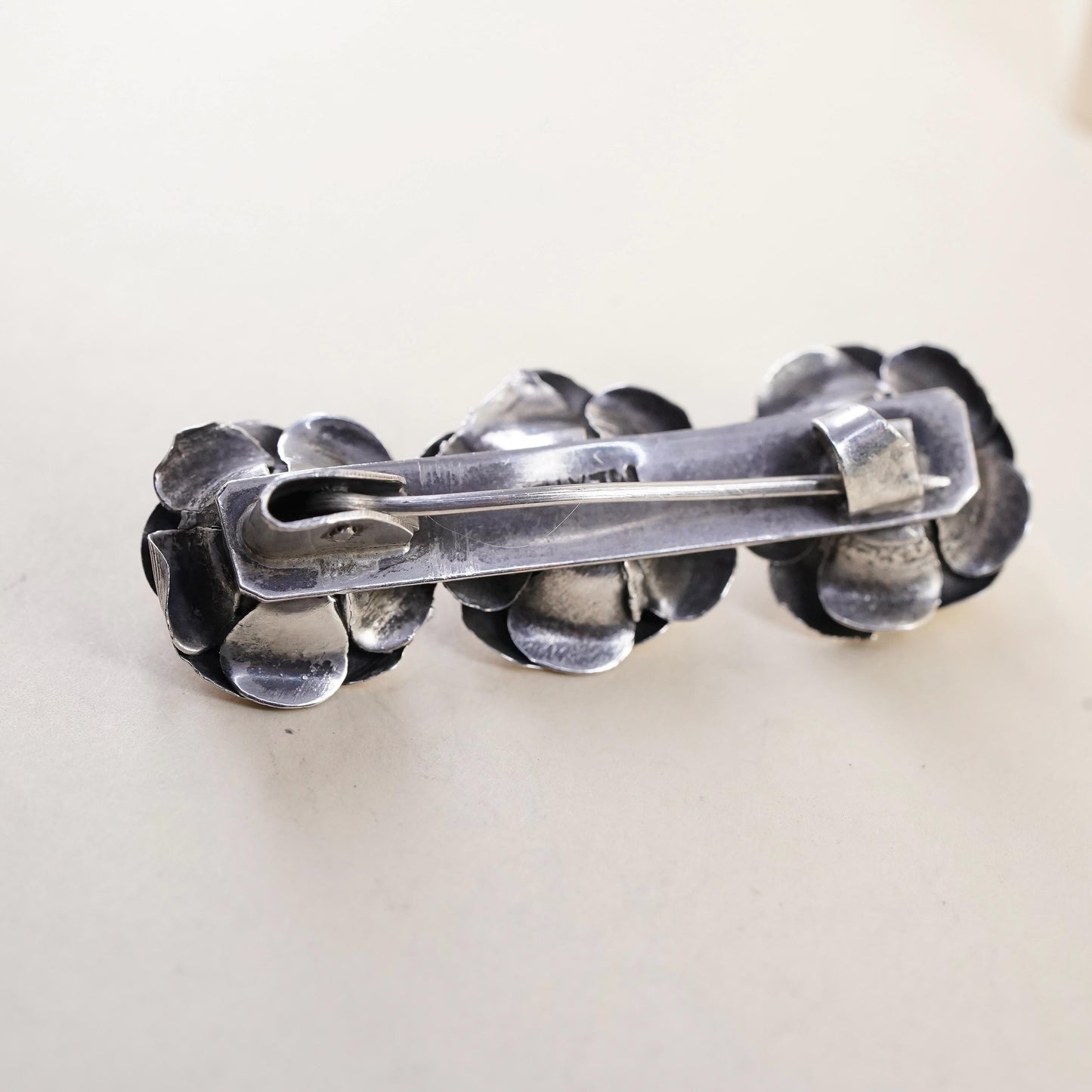 Vintage Mexican sterling silver handmade brooch, solid 925 silver flowers