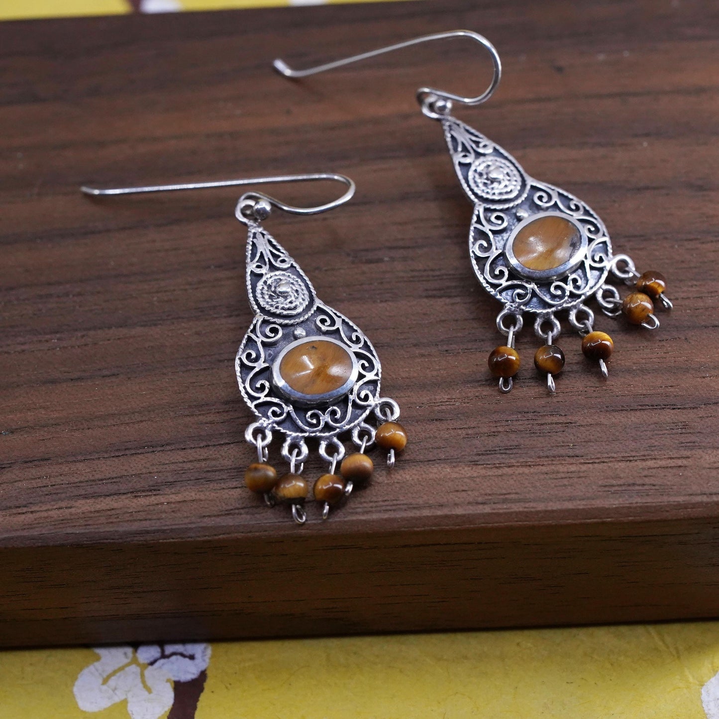 Sterling silver earrings, 925 filigree teardrop cluster golden tiger eye beads