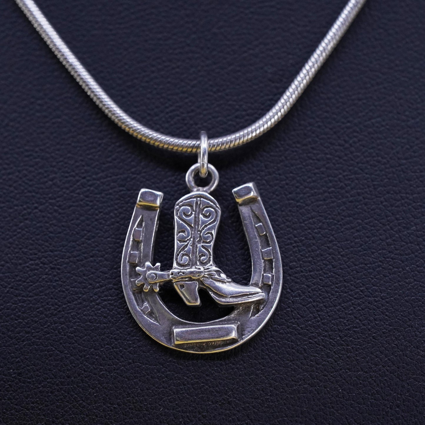 16”, southwestern Sterling silver necklace, 925 snake riding boot horseshoe