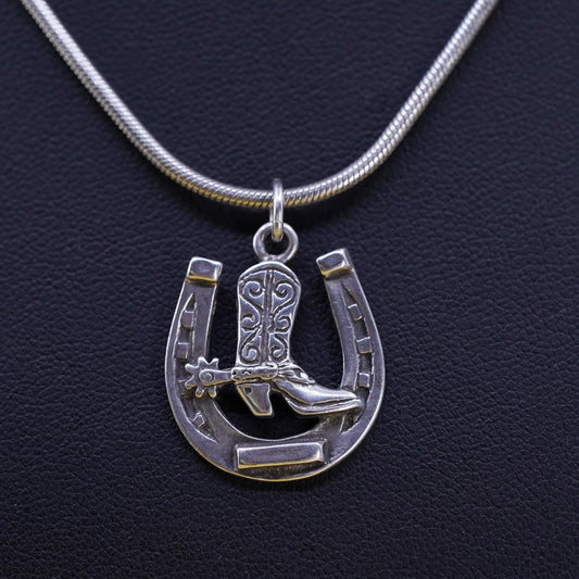 16”, southwestern Sterling silver necklace, 925 snake riding boot horseshoe