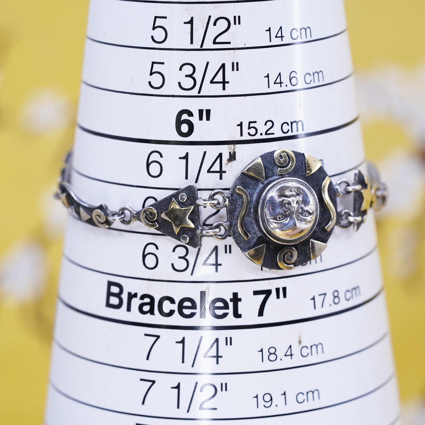 6.5", vintage two tone Sterling silver handmade bracelet, 925 sun face charm