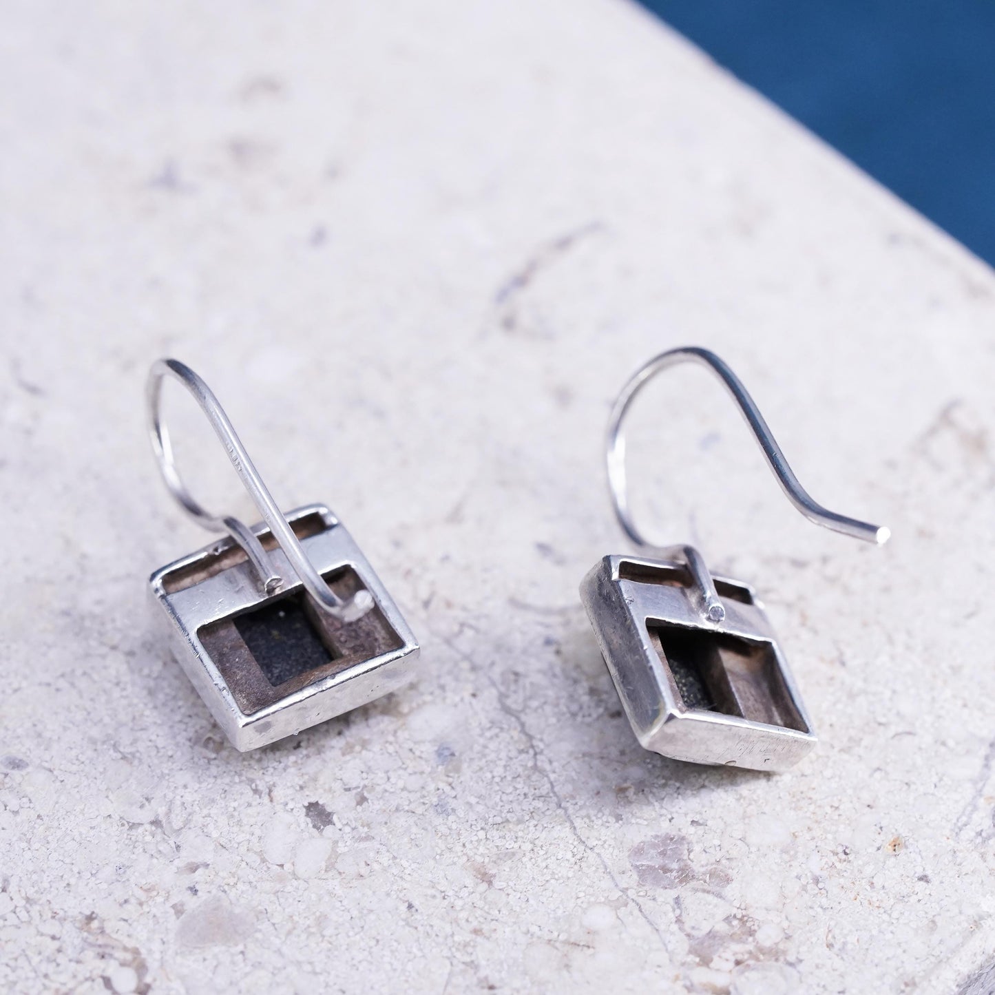Vintage Sterling Silver 925 handmade earrings with square Black Onyx