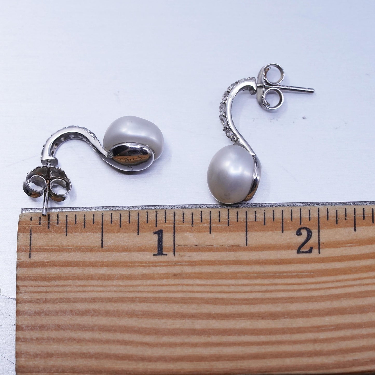 Vintage Sterling 925 silver handmade earrings, studs with 10mm pearl and cz