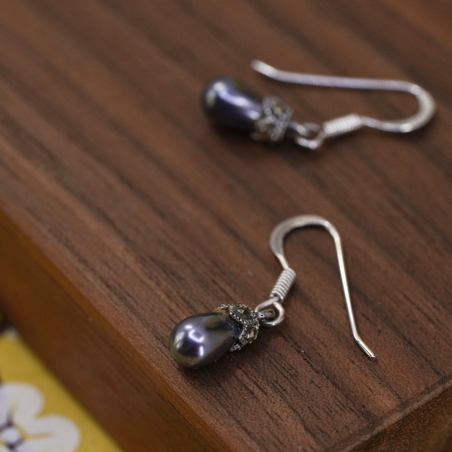 Vintage Sterling 925 silver handmade earrings with black pearl
