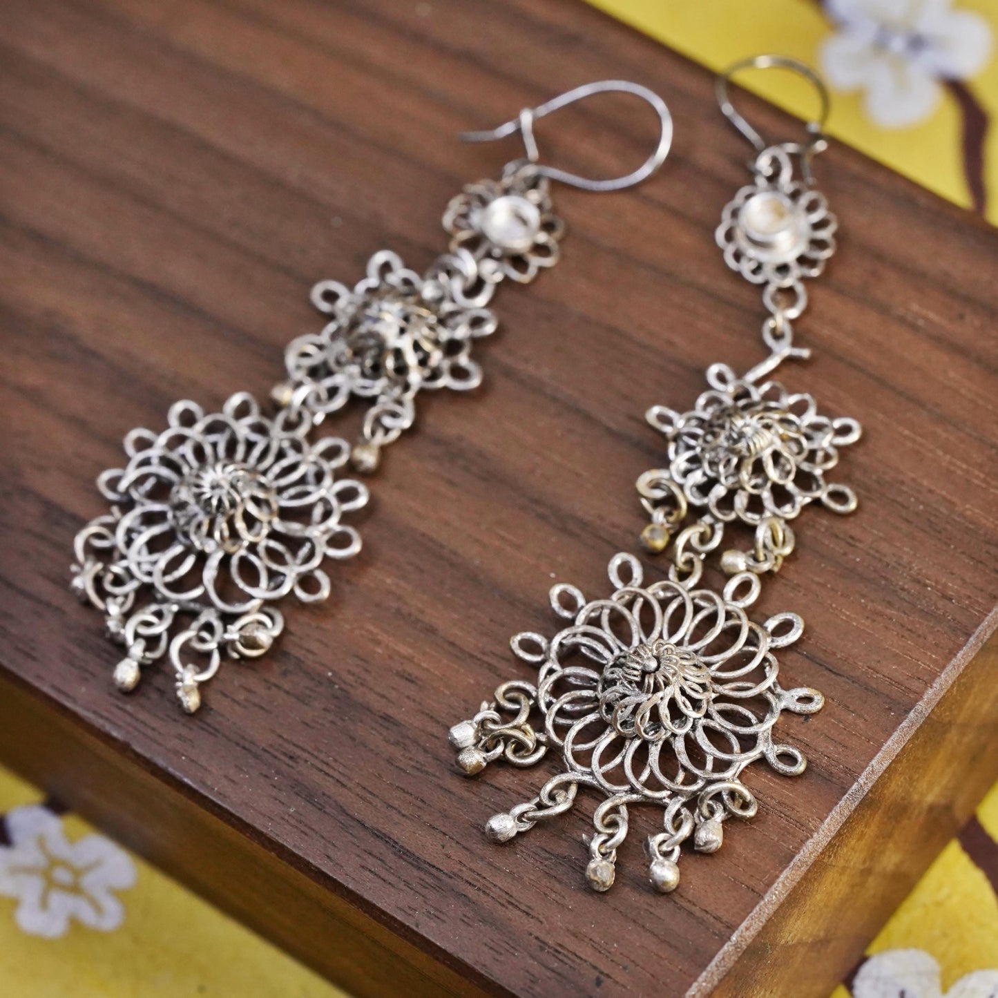Vintage Sterling 925 silver handmade filigree flower long earrings