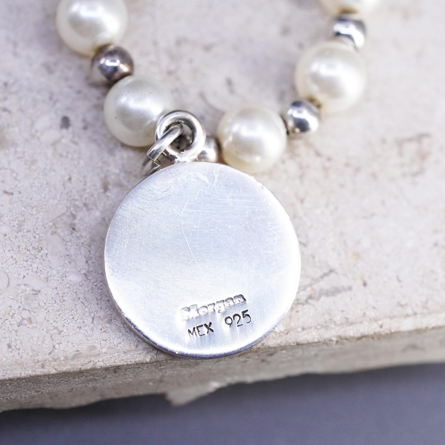 16", vintage sterling 925 Silver necklace with genuine pearl beads tag Letter A