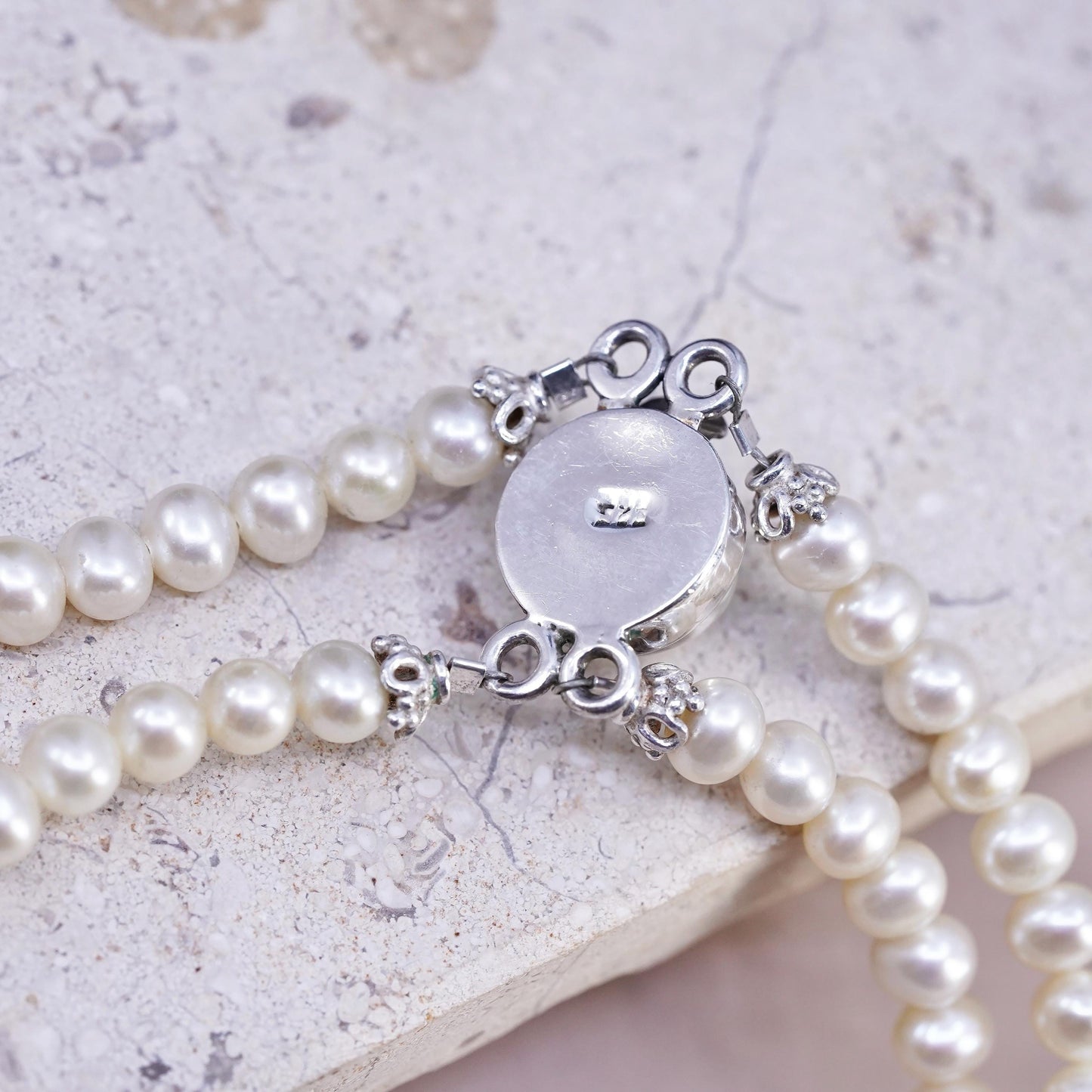 17", Sterling 925 silver double strands necklace 6mm white freshwater pearls