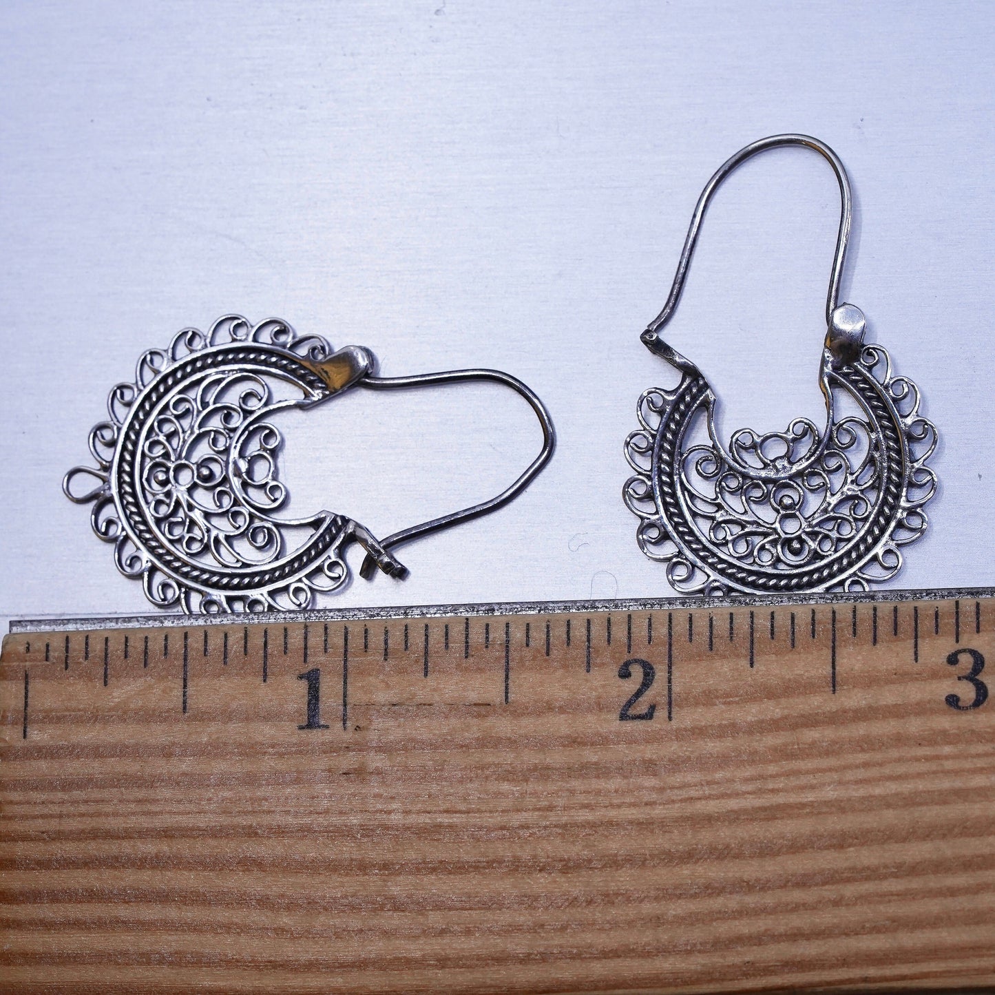 1.5”, sterling silver earrings, 925 earring huggie, filigree textured hoops