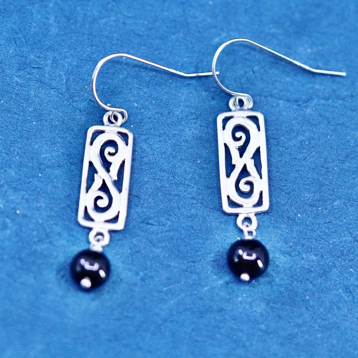 Vintage sterling 925 silver handmade filigree earrings with obsidian beads