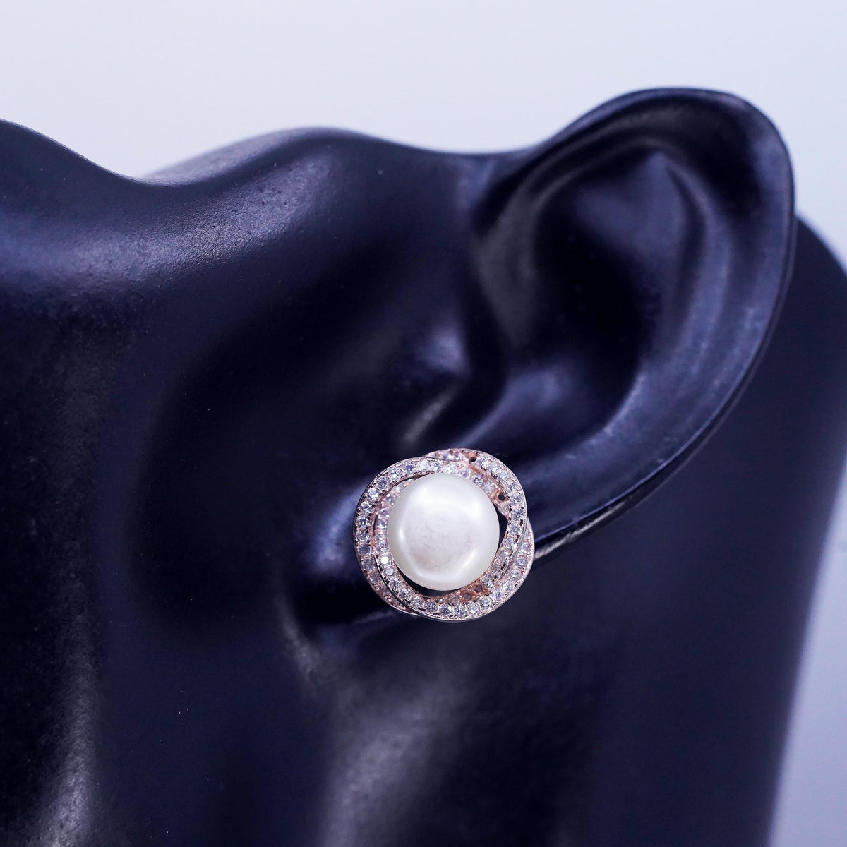 Vermeil Gold Sterling Silver 925 Earrings, Rose Gold Tone CZ Halo, Pearl Studs