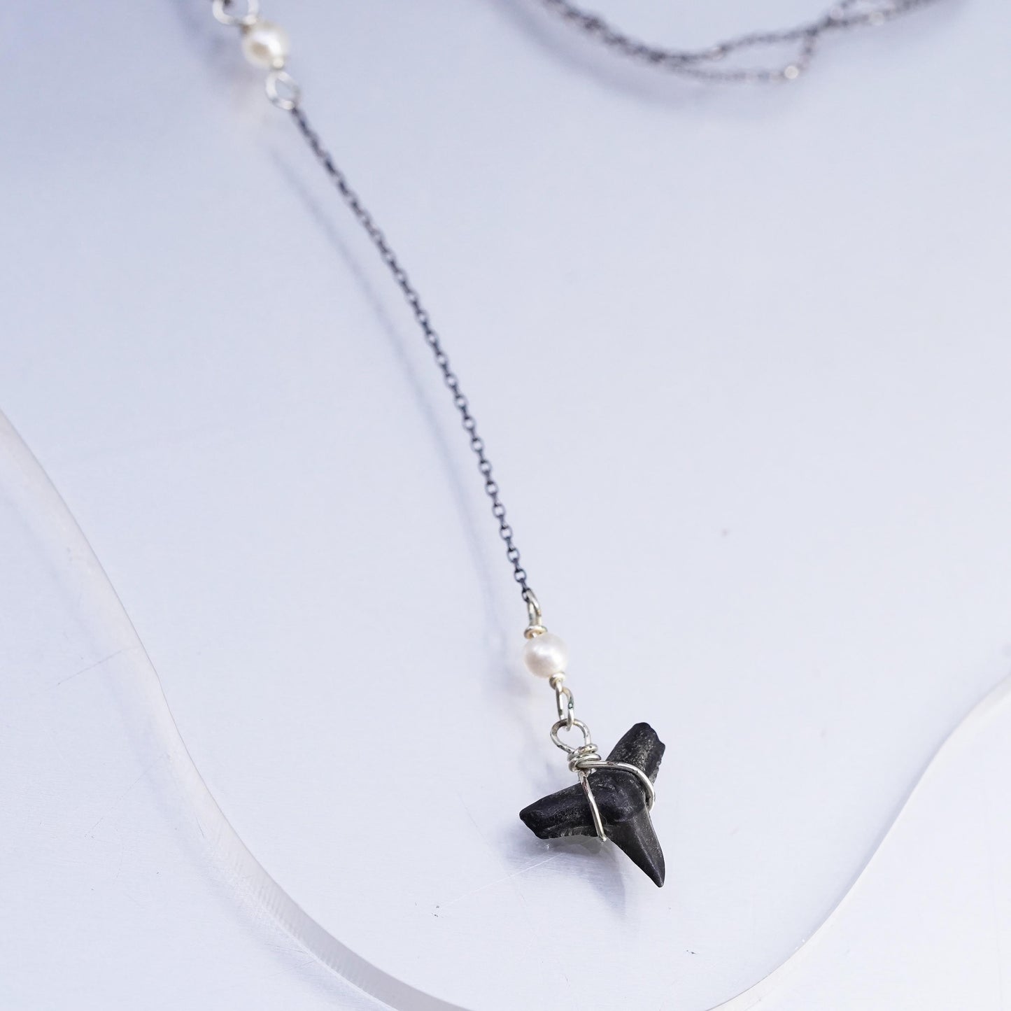 16”, Sterling silver necklace, 925 circle chain fossilized shark teeth pendant
