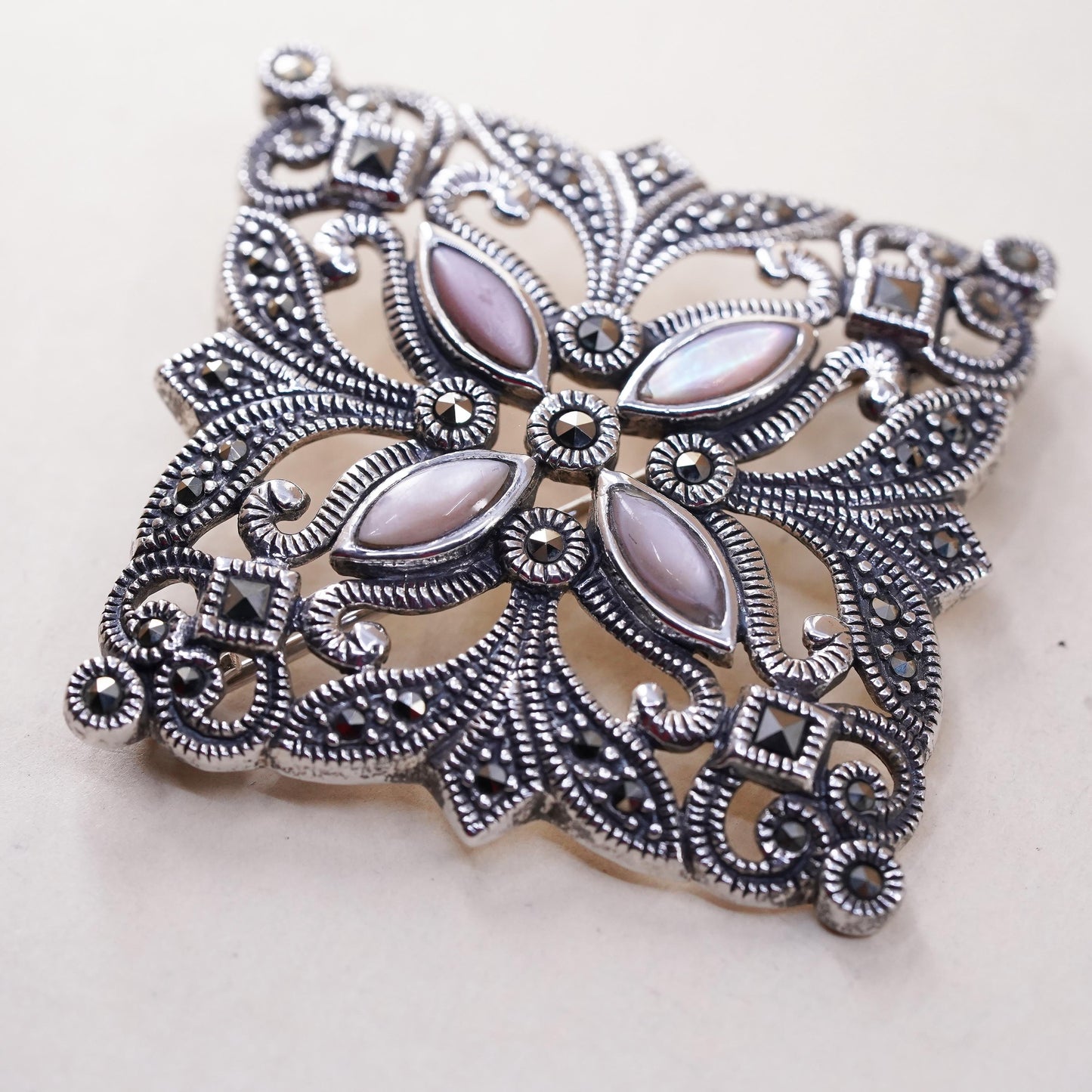 1.5”, Sterling silver brooch, 925 butterfly pendant mother of pearl marcasite