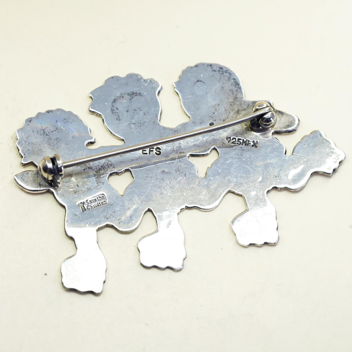 Antique Mexican sterling silver handmade brooch, 925 Save the Children hearts