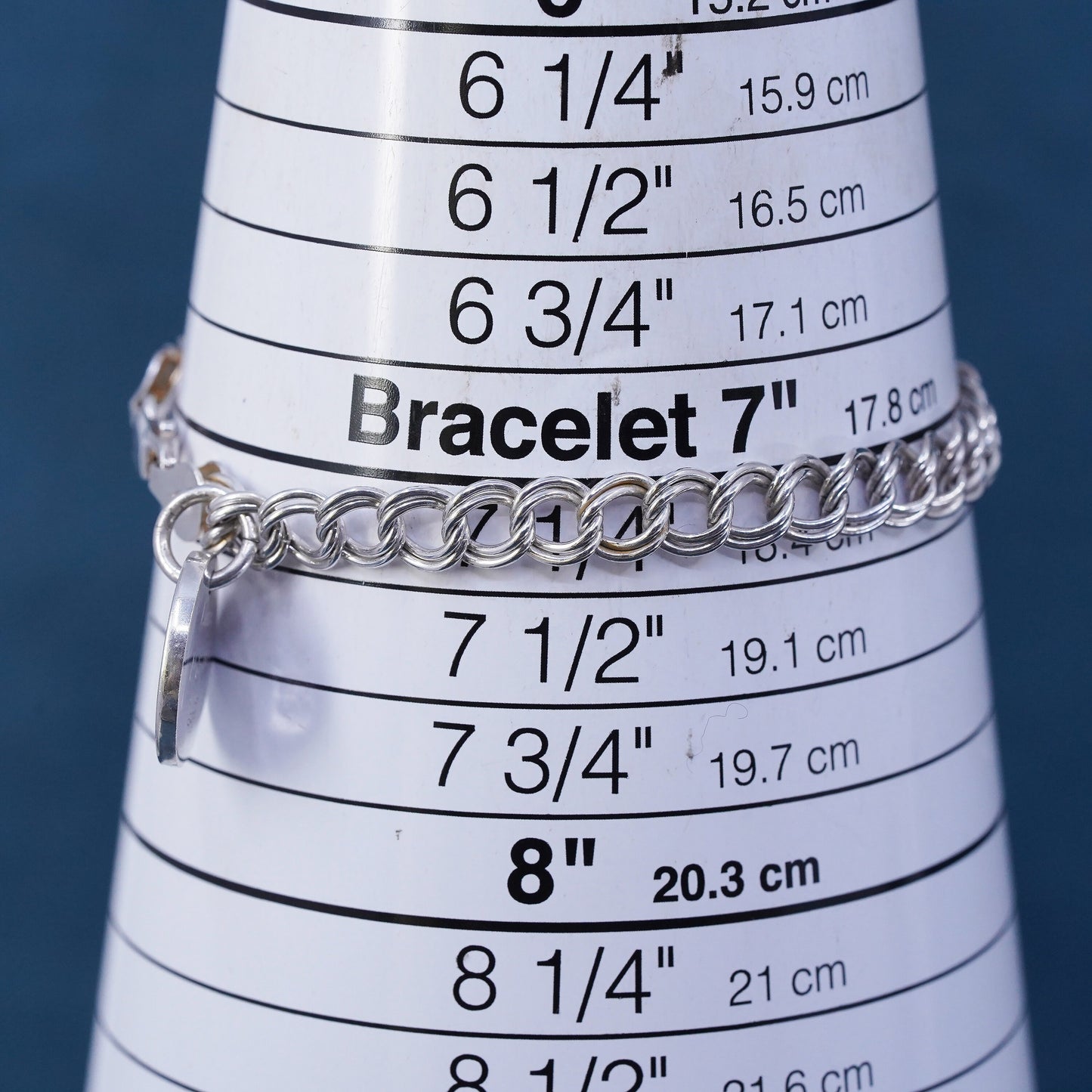 7.25" Sterling silver handmade bracelet, 925 double curb chain circle charm K