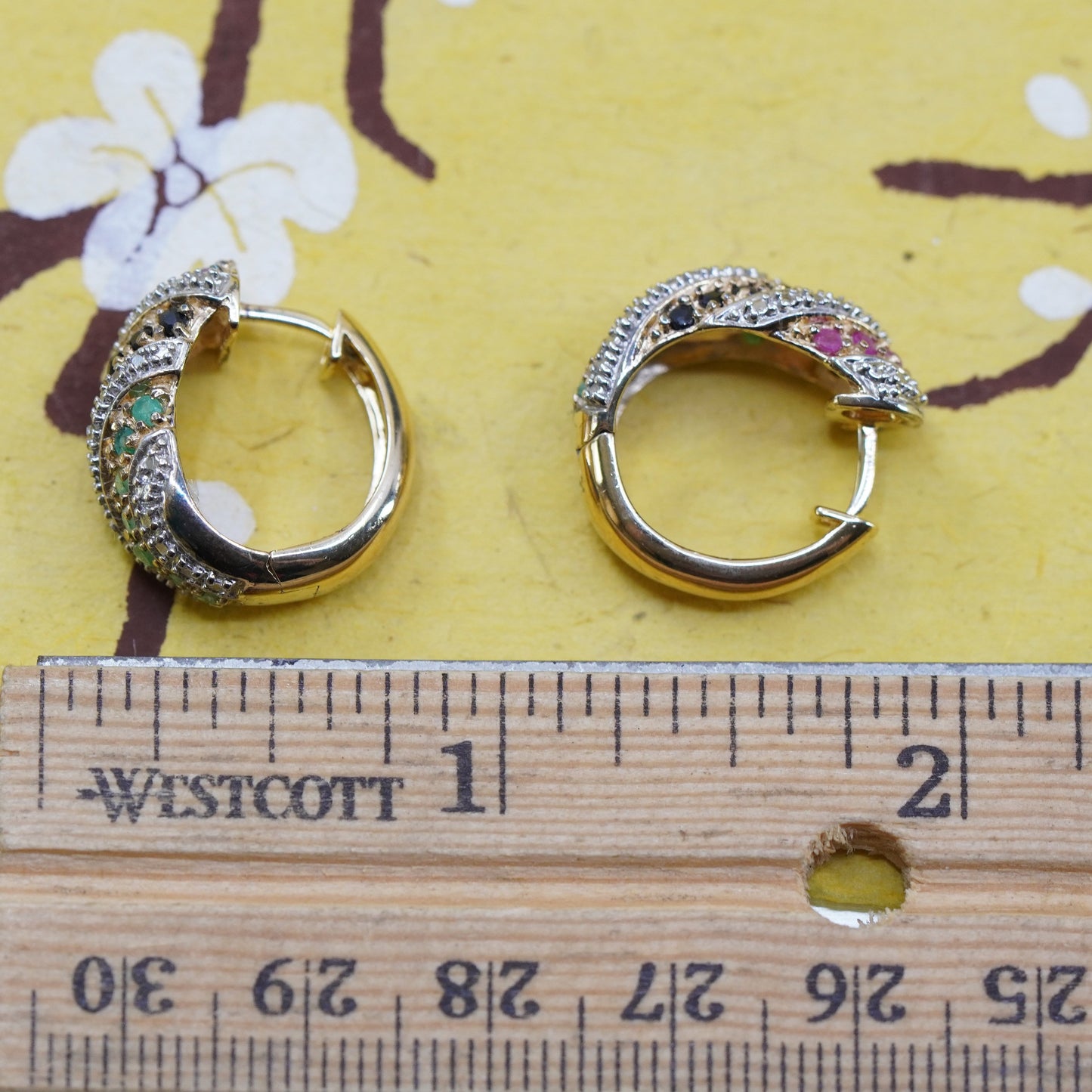 0.75”, vermeil gold Sterling silver earrings, 925 huggie ruby sapphire emerald