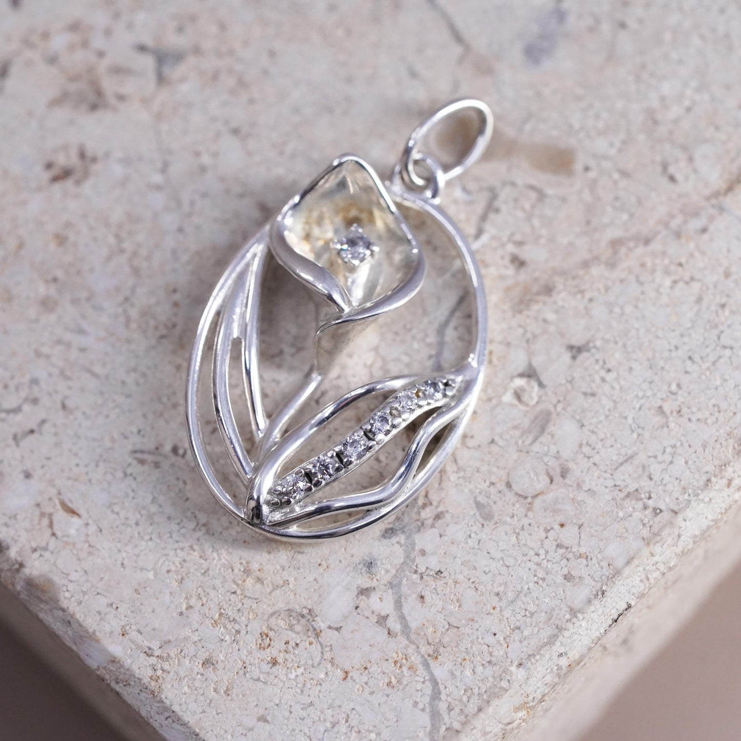 Vintage Sterling silver handmade pendant, 925 lily flower with cz