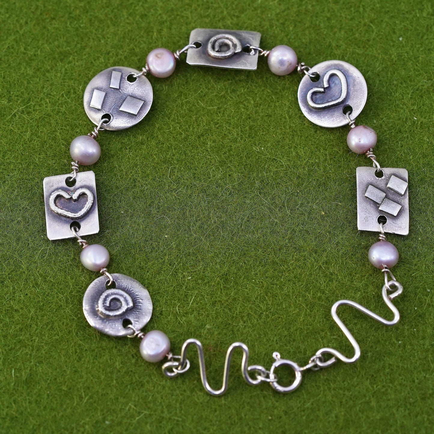 7", sterling silver handmade bracelet, 925 disc embossed heart with pearl beads