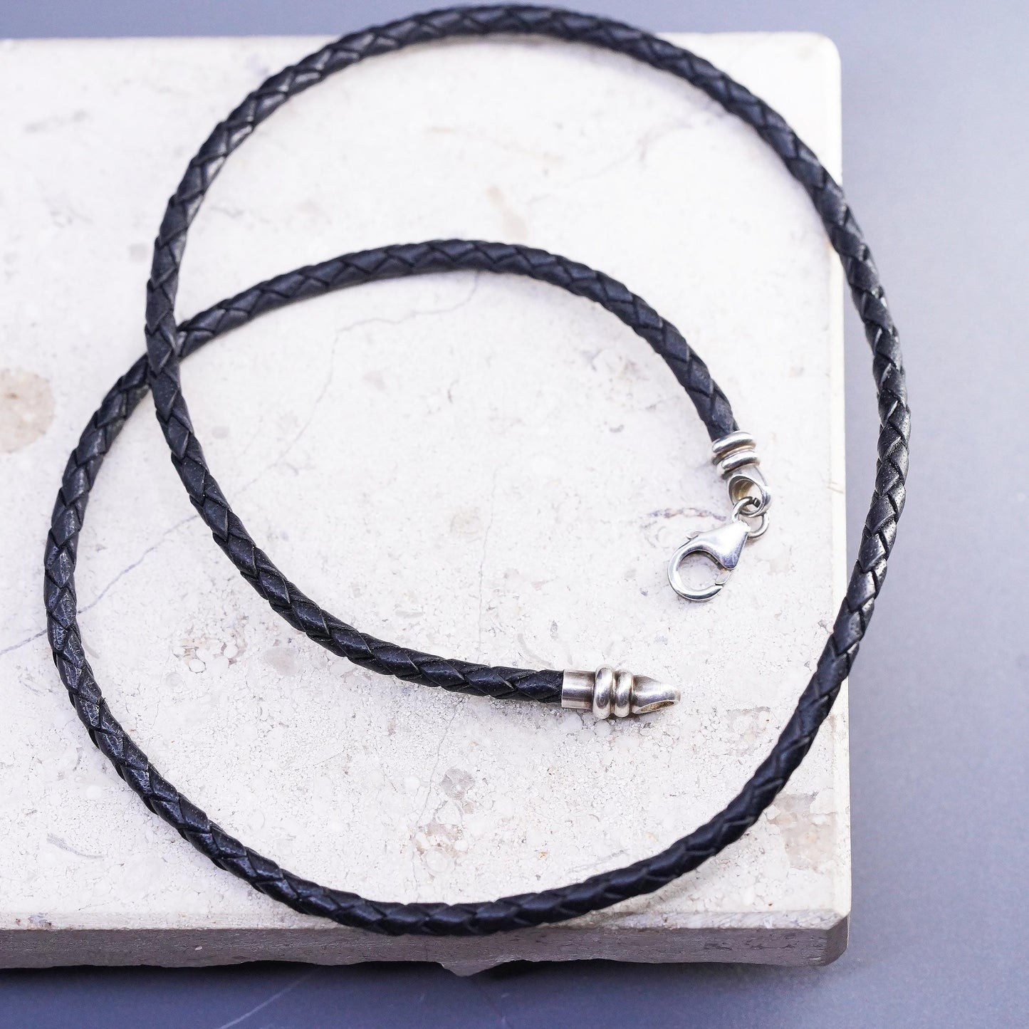 18" 3mm, vintage Sterling Silver Multi Strand woven braided Leather Necklace