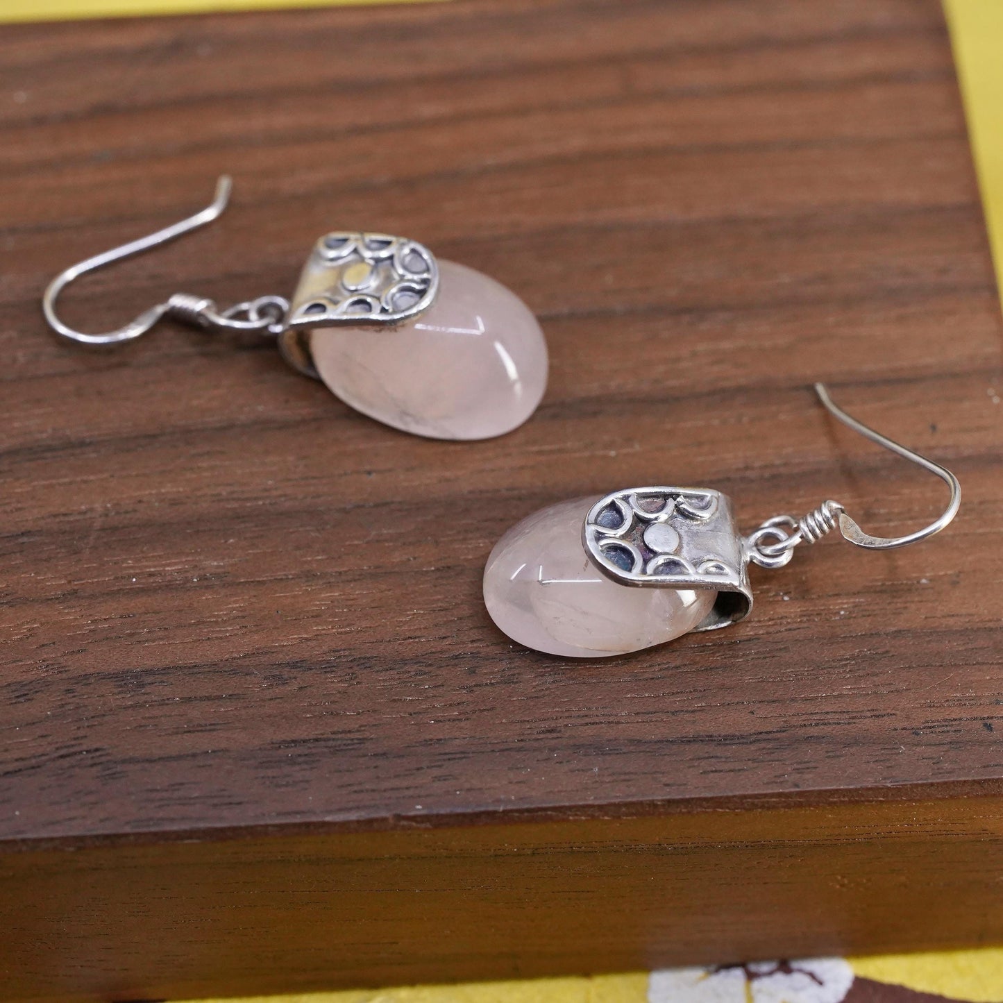 Vintage Sterling 925 silver handmade earrings with pink rose quartz