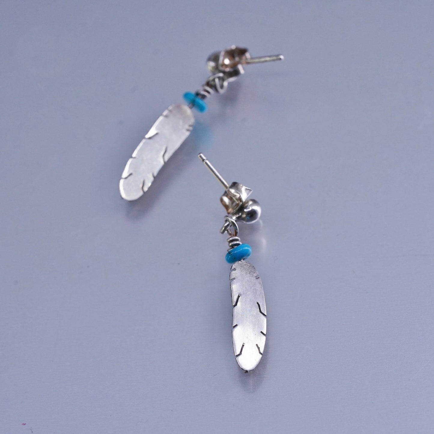 Navajo Native American Sterling 925 silver earrings turquoise feather dangles