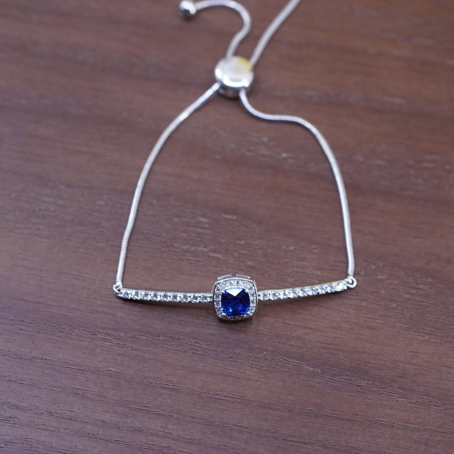 vintage Sterling silver handmade bracelet, 925 snake link chain w/ sapphire bar