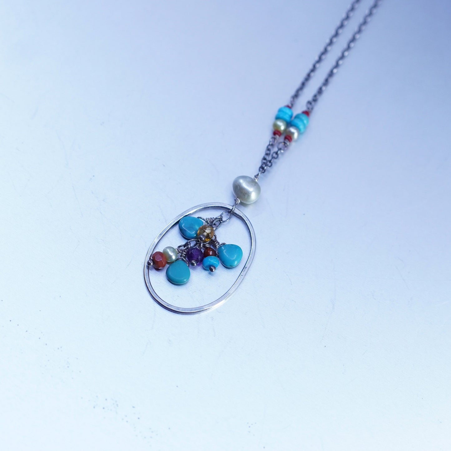 14+2”, Native American Sterling 925 circle silver necklace turquoise pendant