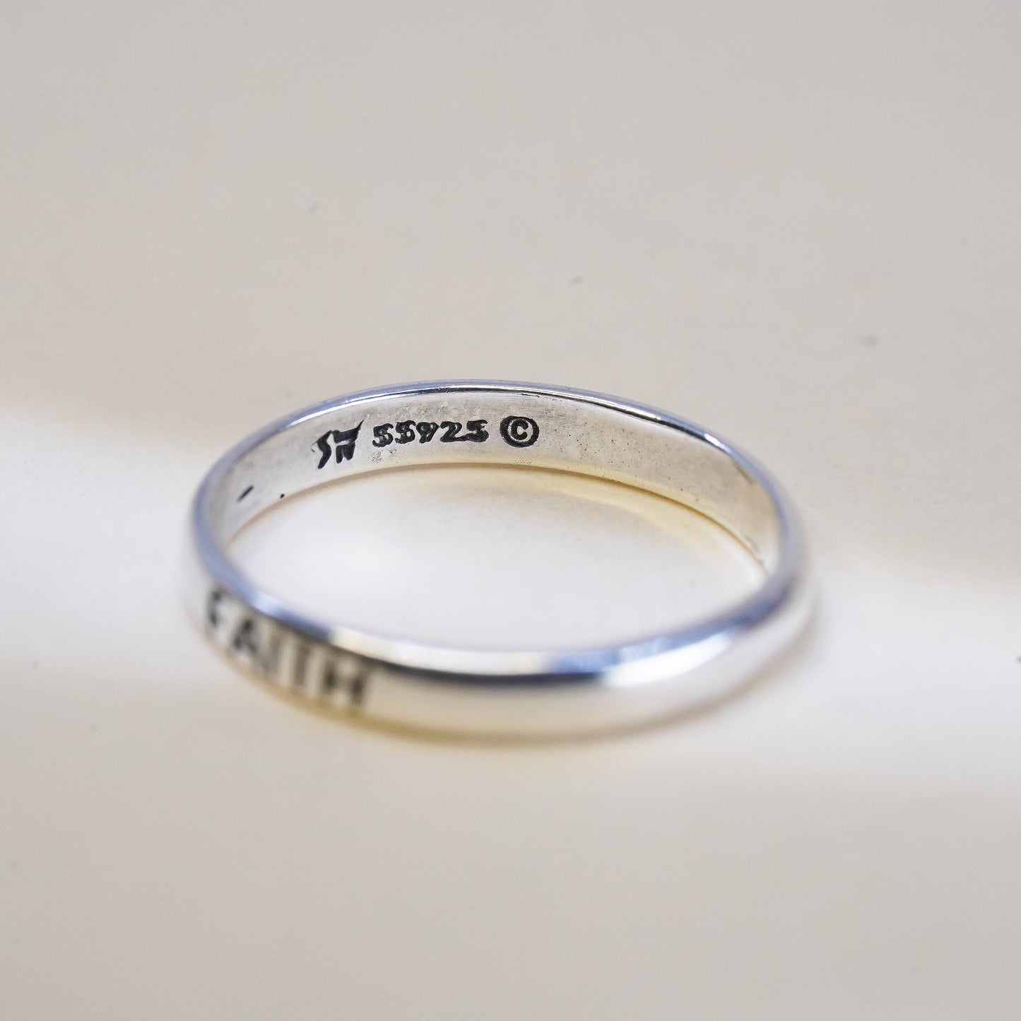 Size 7, vintage Sterling 925 silver handmade Faith ring stackable band