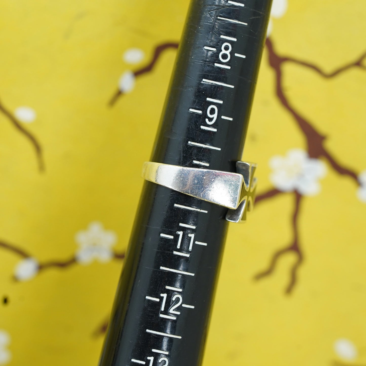 Size 10, vintage Sterling silver handmade ring, 925 cross band black enamel