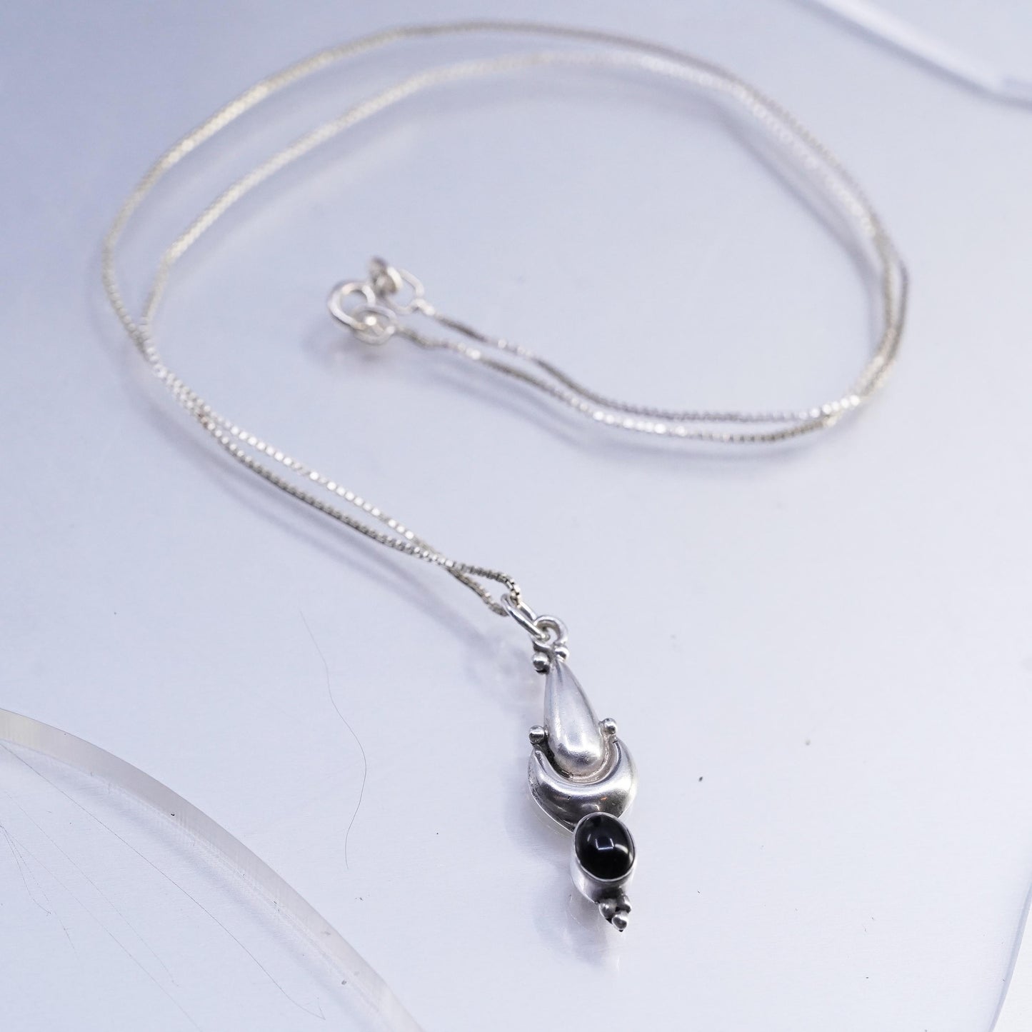 18", vintage Sterling 925 silver handmade box chain necklace black Onyx pendant