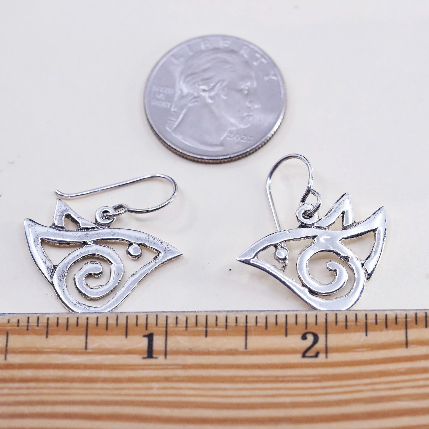 Vintage 925 Sterling Silver Abstract Bird Earrings, Artisan Openwork Dangles