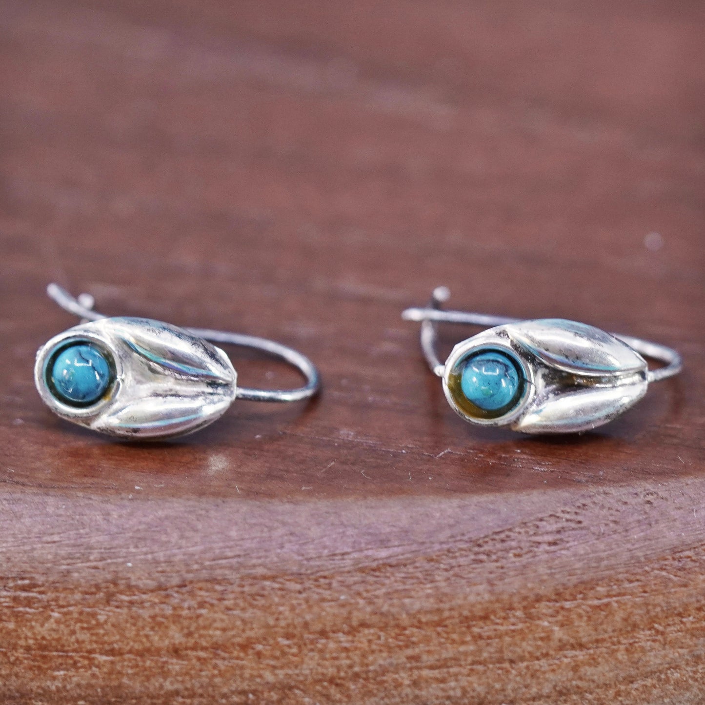 Vintage Sterling silver handmade earrings, l 925 leafy drop with turquoise