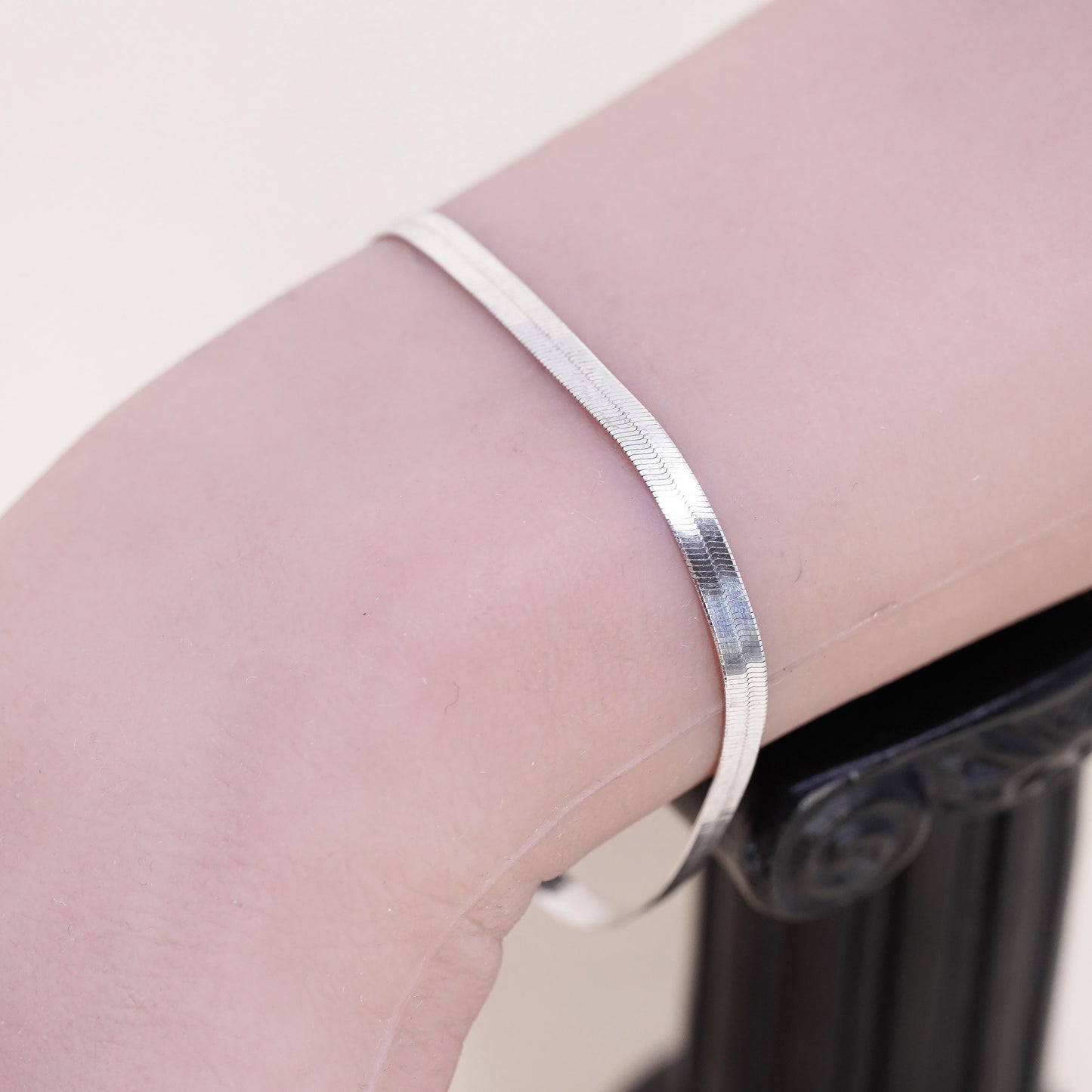 6.75" 3mm, Vintage Italian sterling silver herringbone bracelet, 925 chain