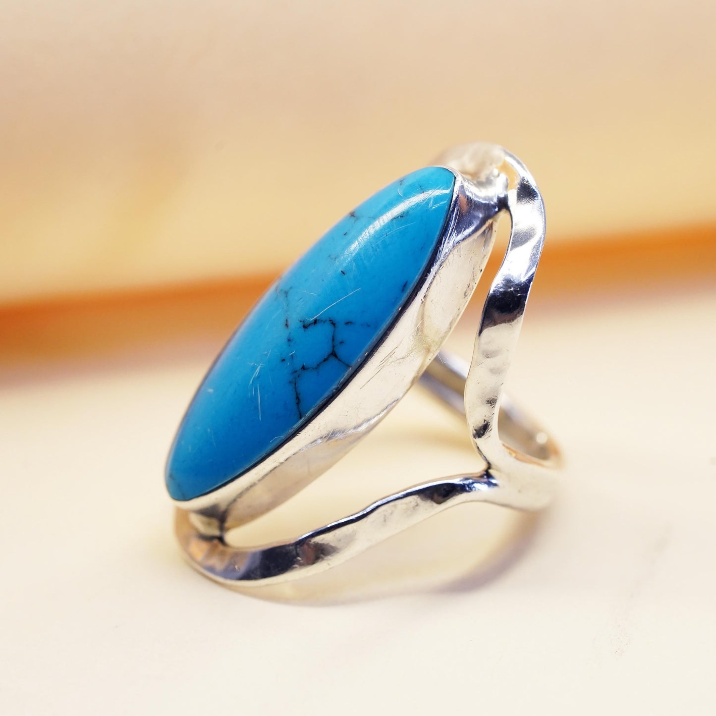 Size 5, Vintage sterling silver ring, 925 statement band with oval turquoise