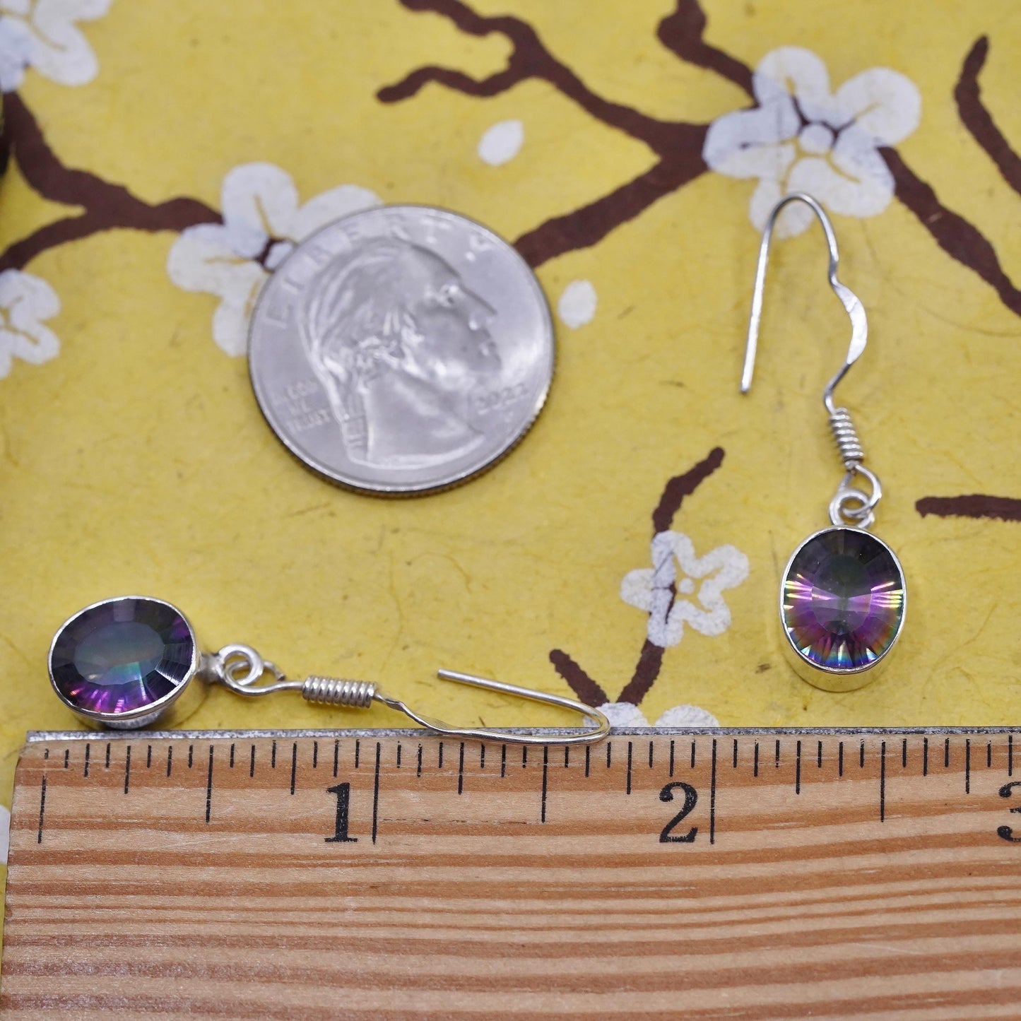Vintage Sterling silver handmade earrings, 925 oval dangles rainbow topaz