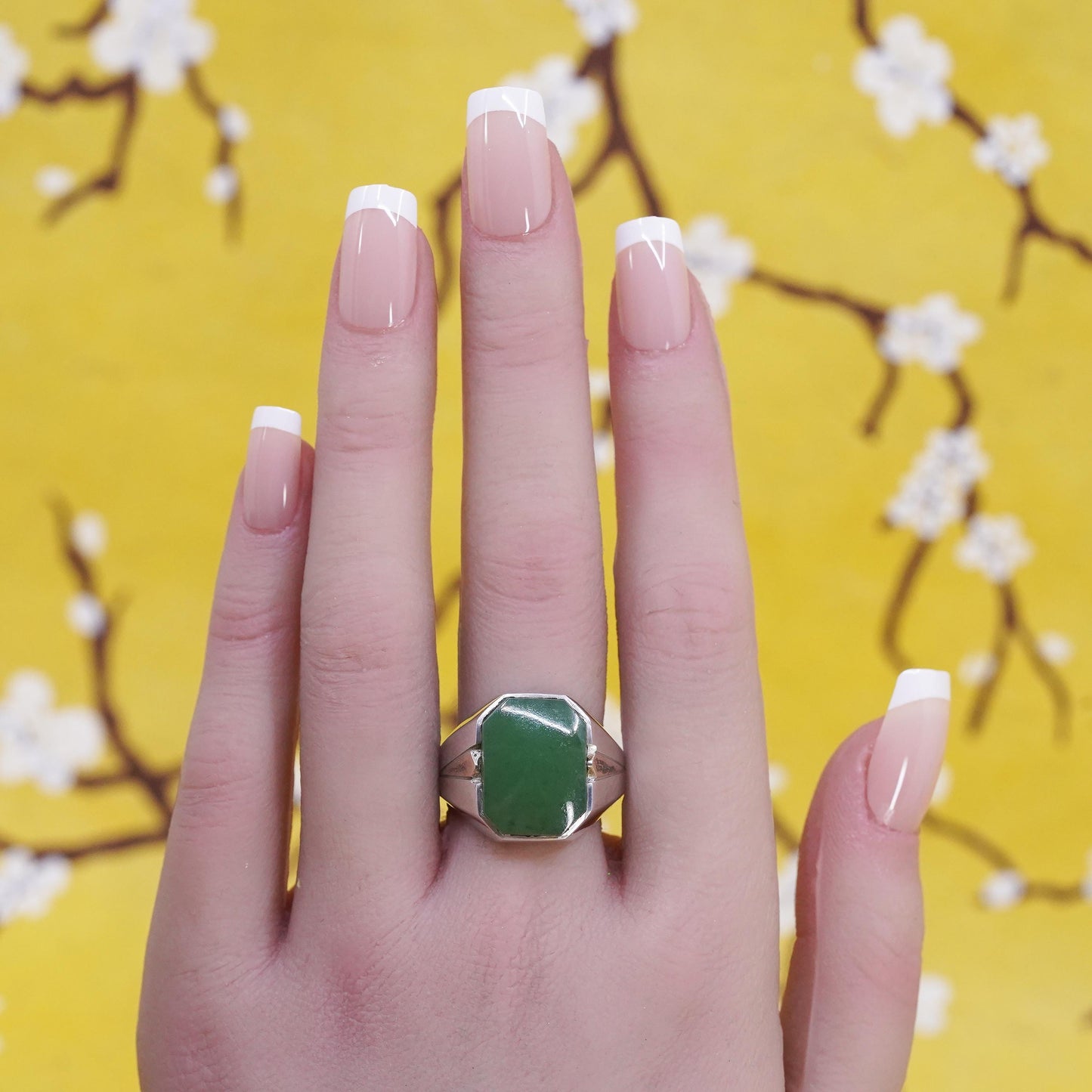 Size 11, vintage Sterling silver statement ring, 925 silver statement ring jade