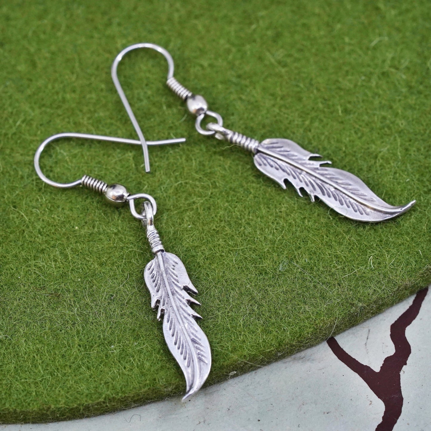Native American southwestern Sterling 925 silver handmade feather drop earrings