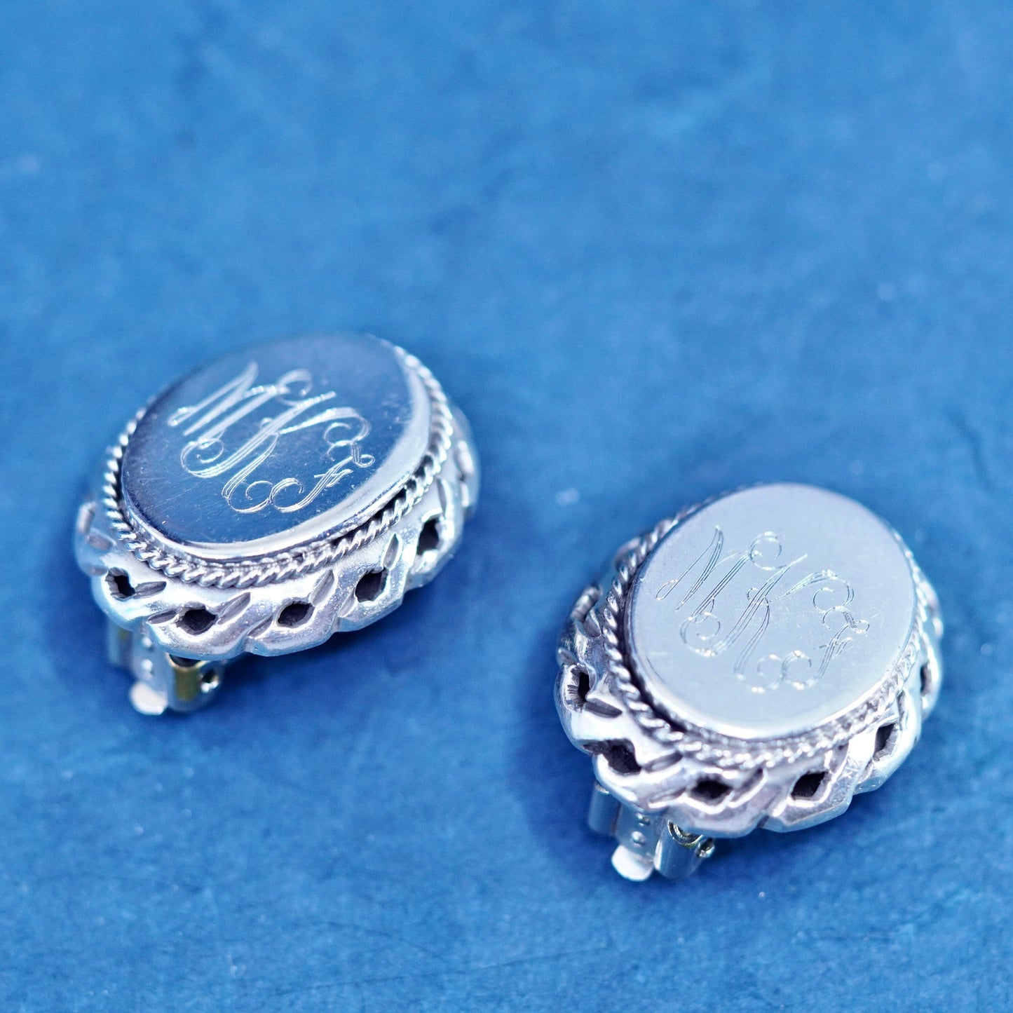 Mexican Parody 925 Large Clip On Sterling silver oval earrings monogram “MKF”