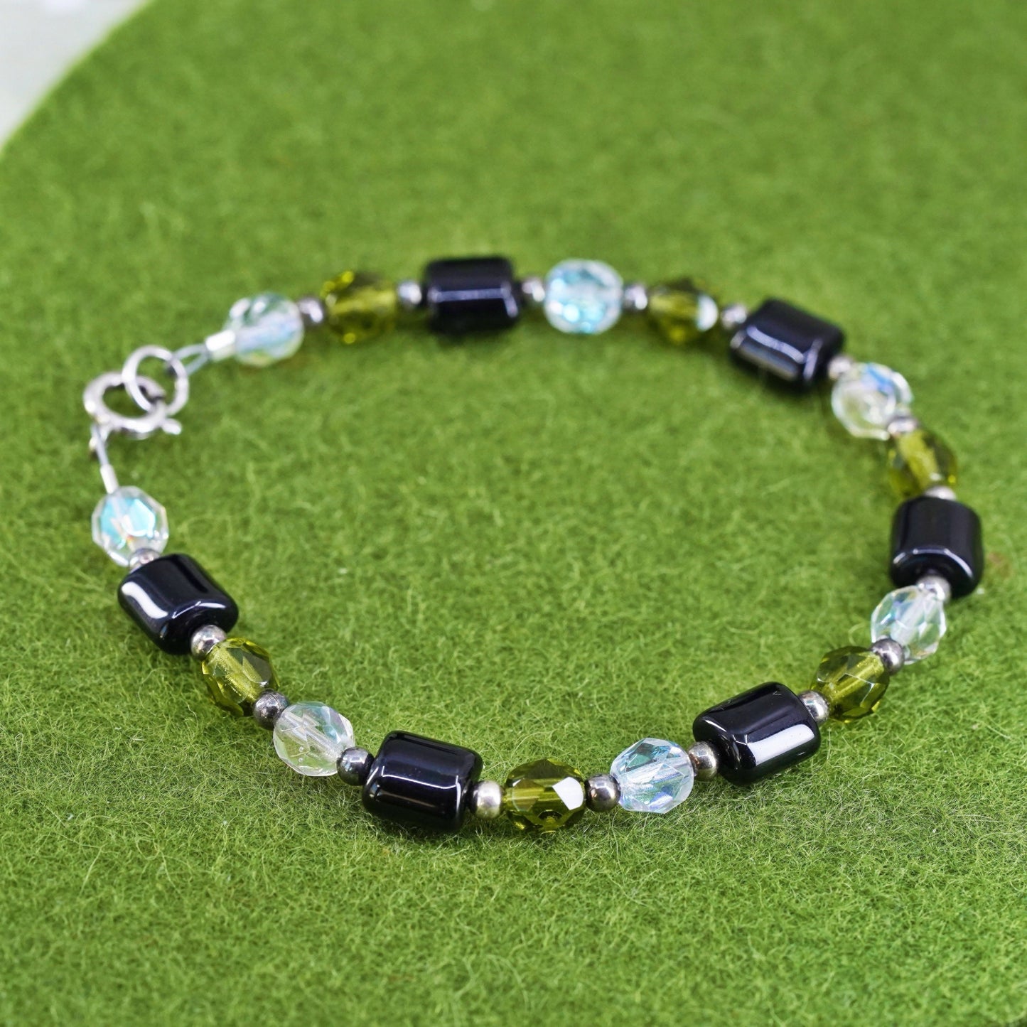 7", Sterling silver bracelet, 925 silver clasp with colorful crystal beads