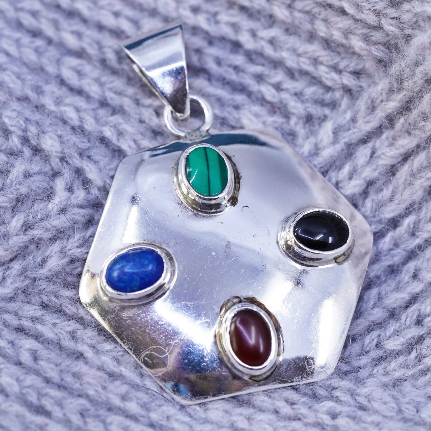 Mexican Sterling silver pendant, 925 hexagon lapis lazuli malachite carnelian