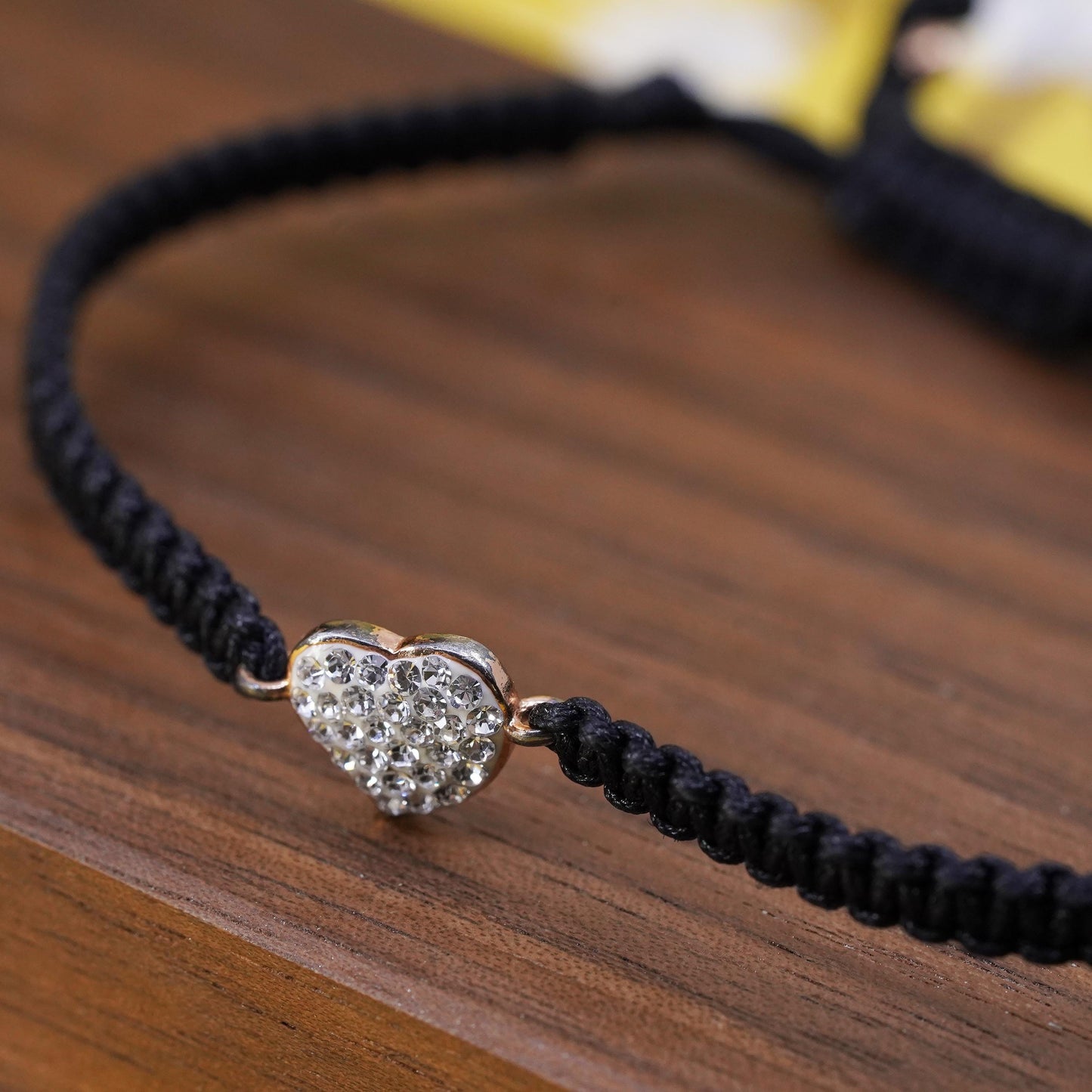 8", black linen thread bracelet with Sterling 925 silver heart charm cluster cz