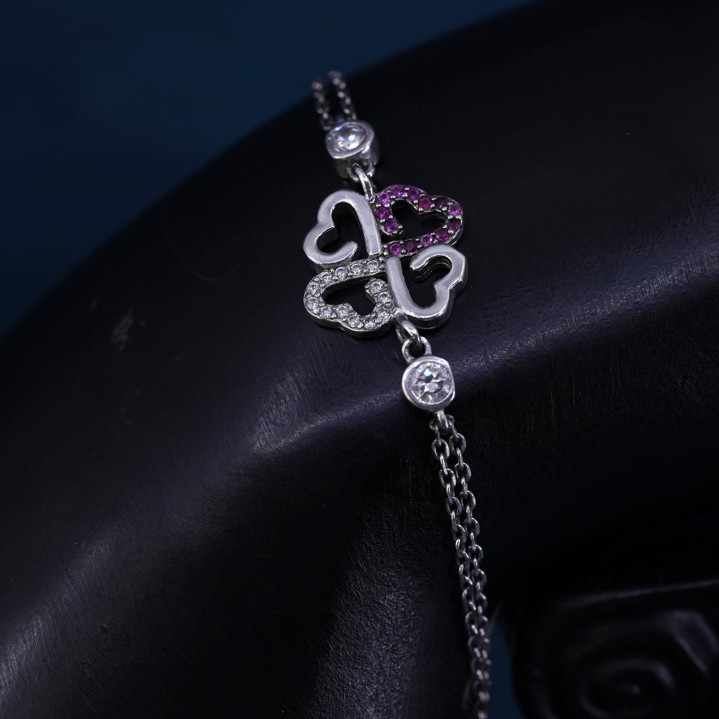 6.5+1", Sterling silver bracelet, multi strands 925 chain clover charm ruby