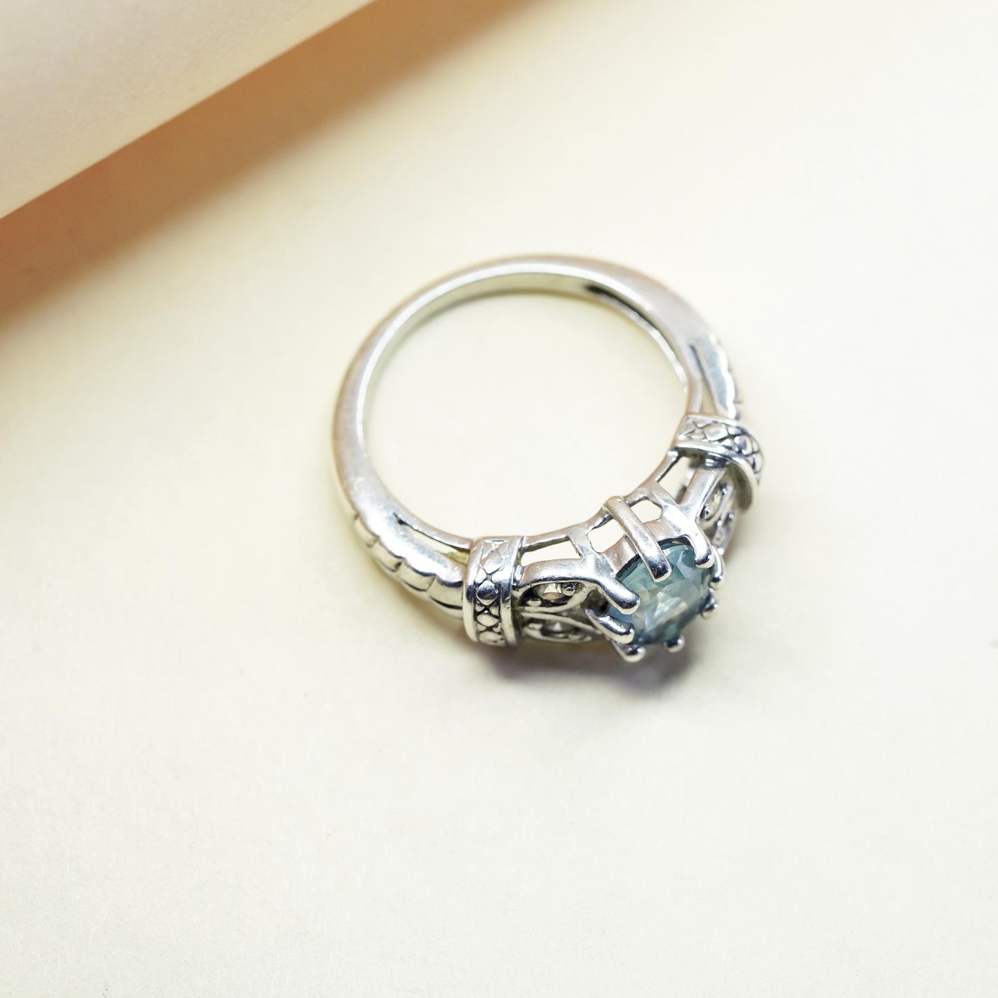 Size 7, vintage sterling silver handmade ring, 925 with blue topaz and cz