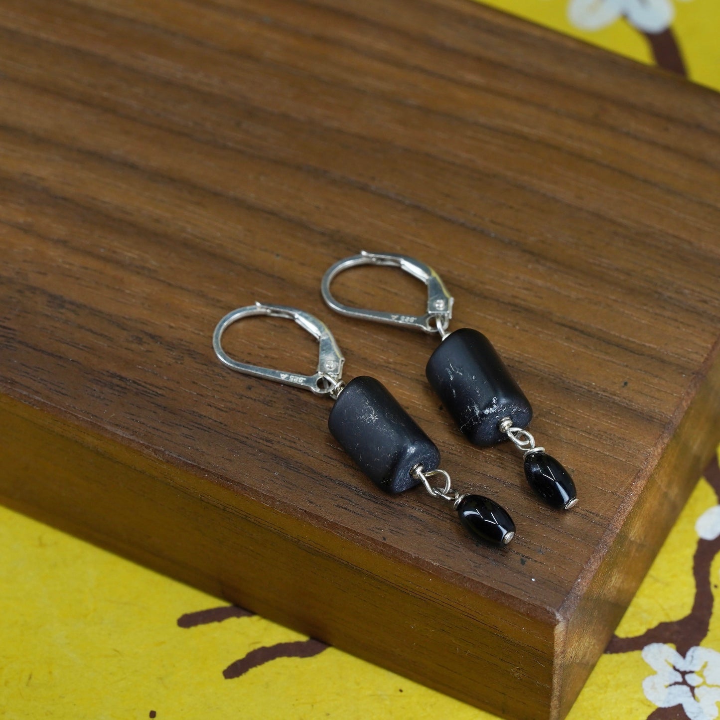 Vintage sterling 925 silver handmade earrings, with teardrop black stone dangle